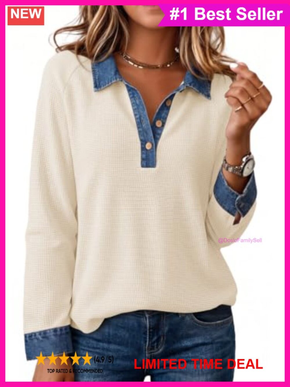 Waffle Knit Polo Sweatshirt Long Sleeve Pullover Casual Fall Top